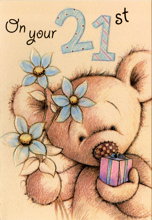 Bear with Daisy- 21st age female birthday card. Retail $2.99. Inside: A simple celebration a gathering of friends... | 04933A | 255755