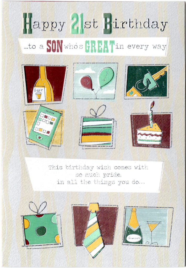 Male icons- 21st son birthday card. Retail $3.99. Inside: For anyone would be proud to have a son like you... | 4936 | 255756