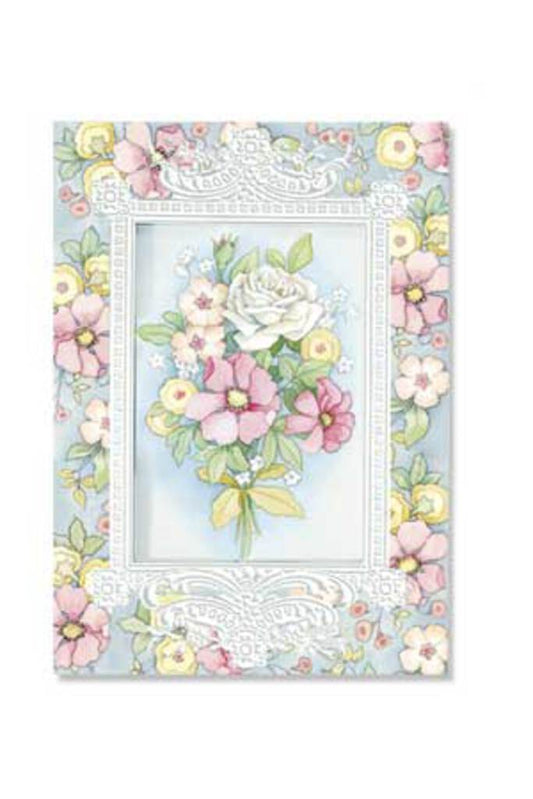 Pale white and pink dog roses with a lace patterned frame embossed die cut general birthday greeting card by Carol Wilson. Inside: Your birthday seems the perfect time to tell you how much you are loved. Retail $2.95  255762 CG1152