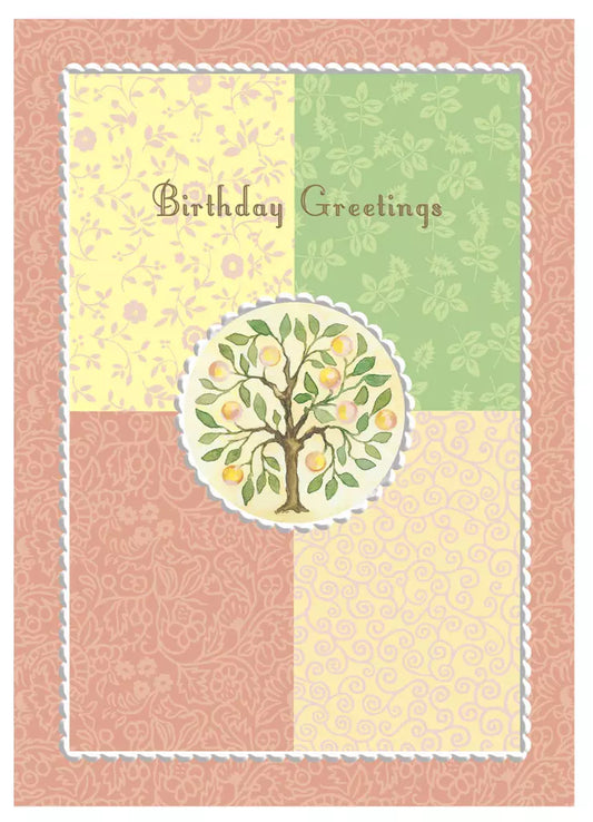 Grapefruit tree on peach green tan and yellow background embossed die-cut general birthday greeting card by Carol Wilson. Inside:  May your birthday be filled with an abundance of good health. Retail $3.25 | CG1384 | 255766