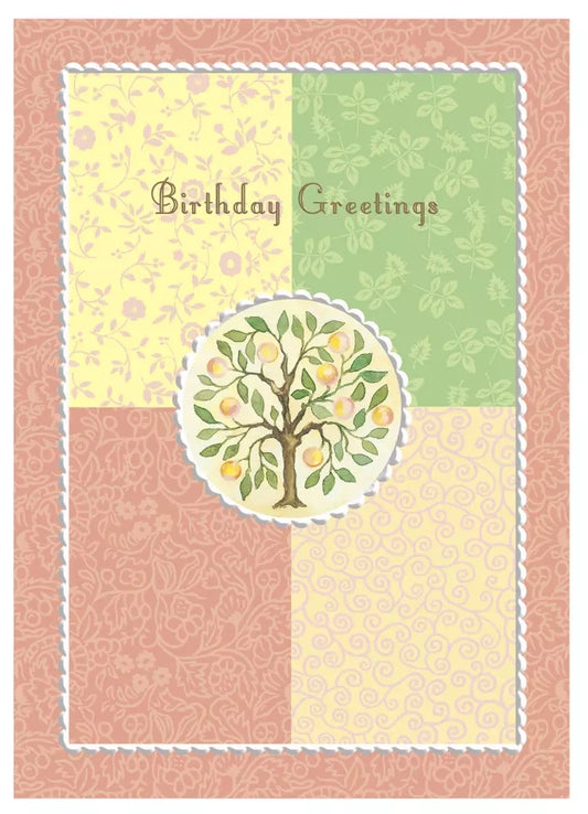 Grapefruit tree on peach green tan and yellow background embossed die-cut general birthday greeting card by Carol Wilson. Inside:  May your birthday be filled with an abundance of good health. Retail $3.25  255766 CG1384