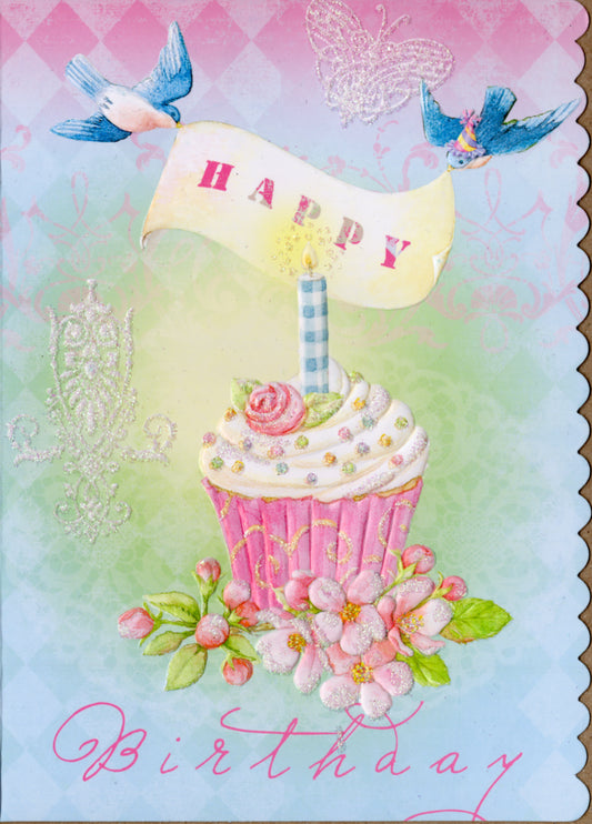 Blue birds celebrate with a giant cupcake. embossed die cut general birthday greeting card by Carol Wilson Inside: You're the sweetest! May your day be perfect in every way! Retail $4.25  | CRGN4029 | 255784