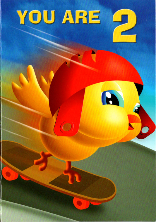 Bird on skateboard- 2nd age boy birthday card. Retail $2.99. Inside: Have a terrific day! Happy Birthday little man! | 4914 | 255791