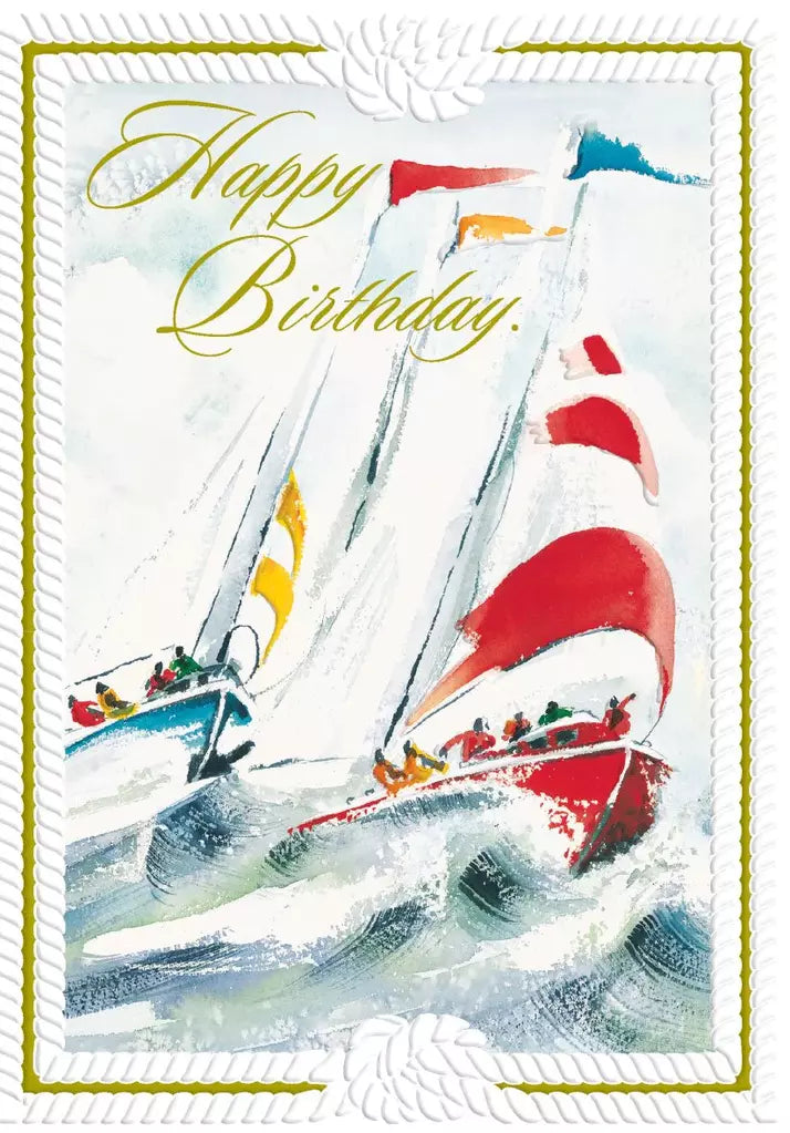 Red white yellow sailboat themed male embossed die cut birthday greeting card from Carol Wilson FIne Arts. Inside: Hope in the coming year all is smooth sailing! Retail $4.25  255792 CRG1206