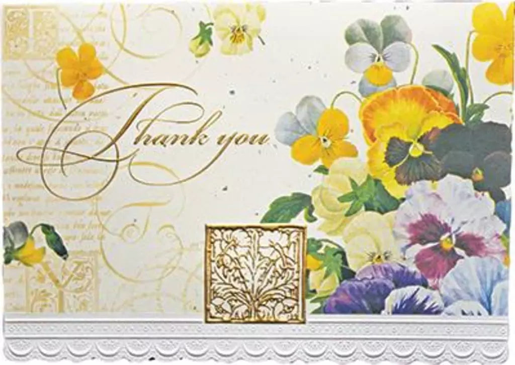 Colorful pansies with gold lettering and white lace border. Thank you card by Carol Wilson. Inside: ...so very much Retail $4.25  255794 CRG1238