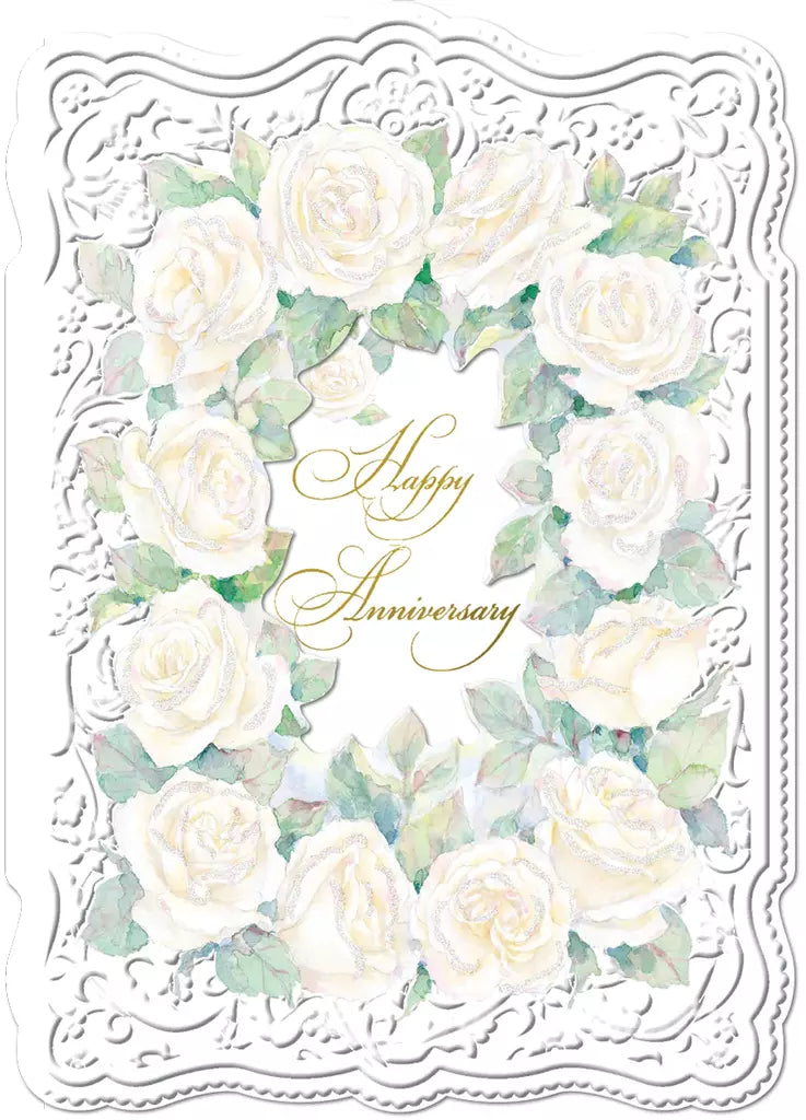 Cream roses with a lace border Happy Anniversary embossed die cut greeting card by Carol Wilson Inside: Our love continues to grow with each year. Retail $4.99  255814 CRG1343