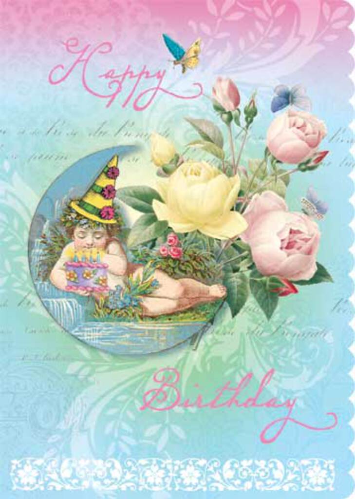 Birthday Cherub with yellow and pink roses embossed die cut general birthday greeting card by Carol Wilson. Inside: May all your birthday wishes come true! Retail $4.25  255816 CG4031