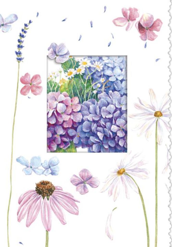Blue daisies and hydrangeas embossed die cut thinking of you get well greeting card by Carol Wilson. Inside: Thinking of you! Retail $4.25  255824 CG1032