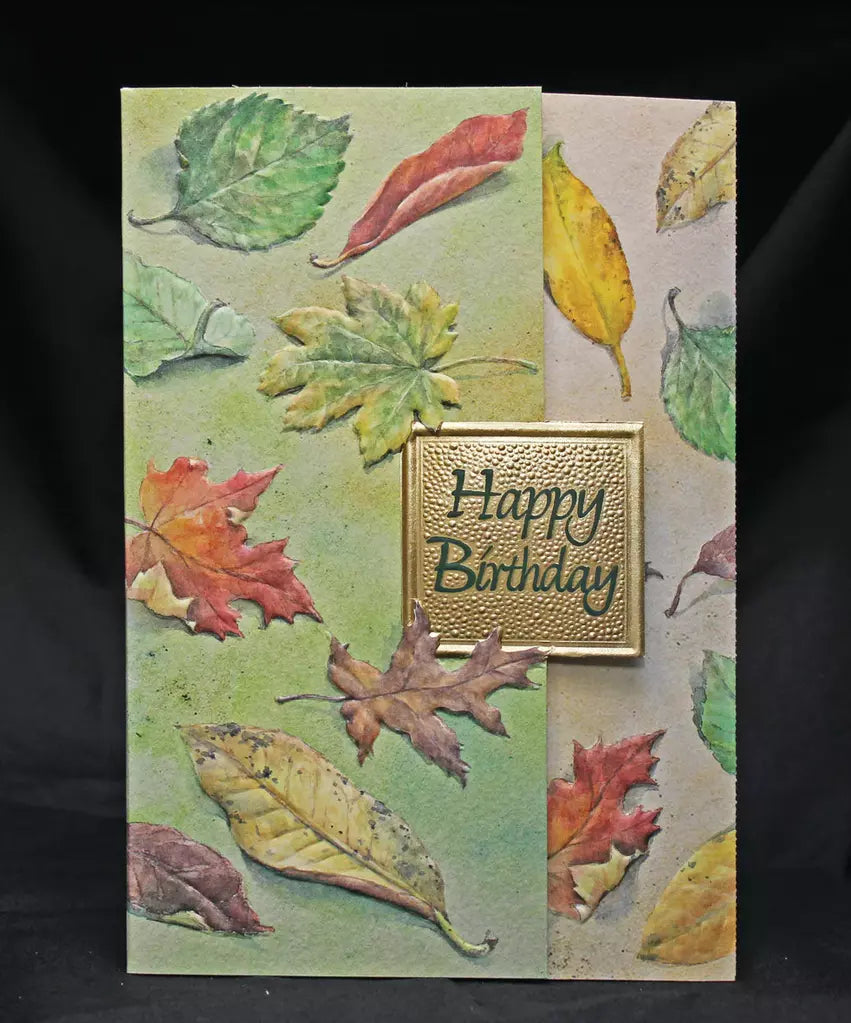 Falling Autumn leaves male embossed die-cut birthday card by Carol Wilson. Inside:          Gathering up wishes for a wonderful day. Retail $4.25  255828 CRG1154