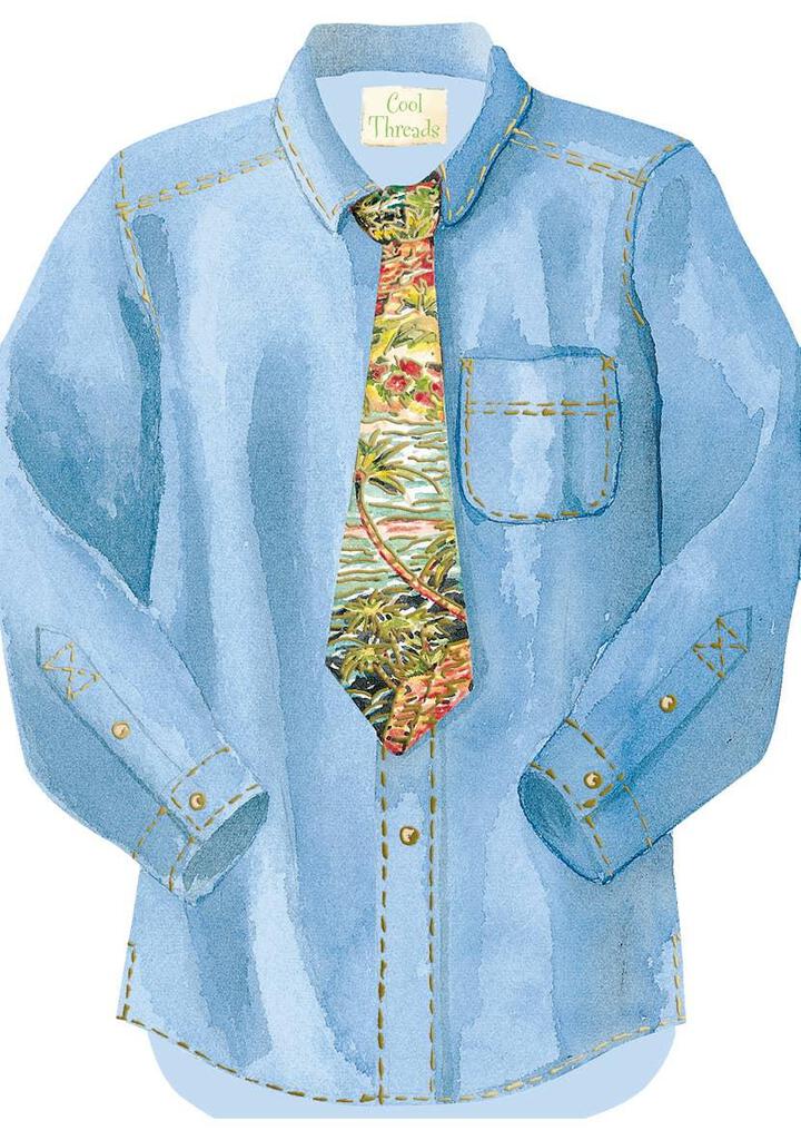Blue denim dress shirt shaped embossed die-cut male birthday card by Carol Wilson. Inside Happy Birthday to one cool guy! Retail $4.25.  255829 CRG1166