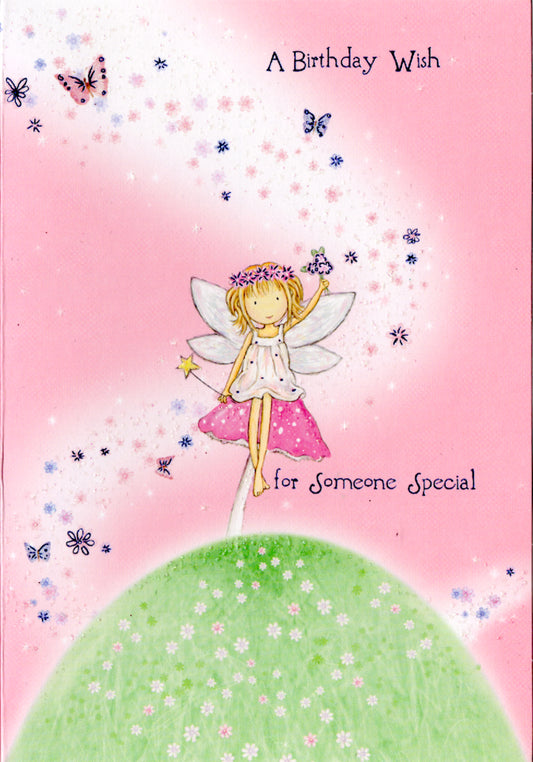 Pink fairy with Butterfly- General girl birthday. Retail $2.99.  Inside: Wishing you a happy time filled with stardust... 5x7 Greeting Card | 03427US | 255865