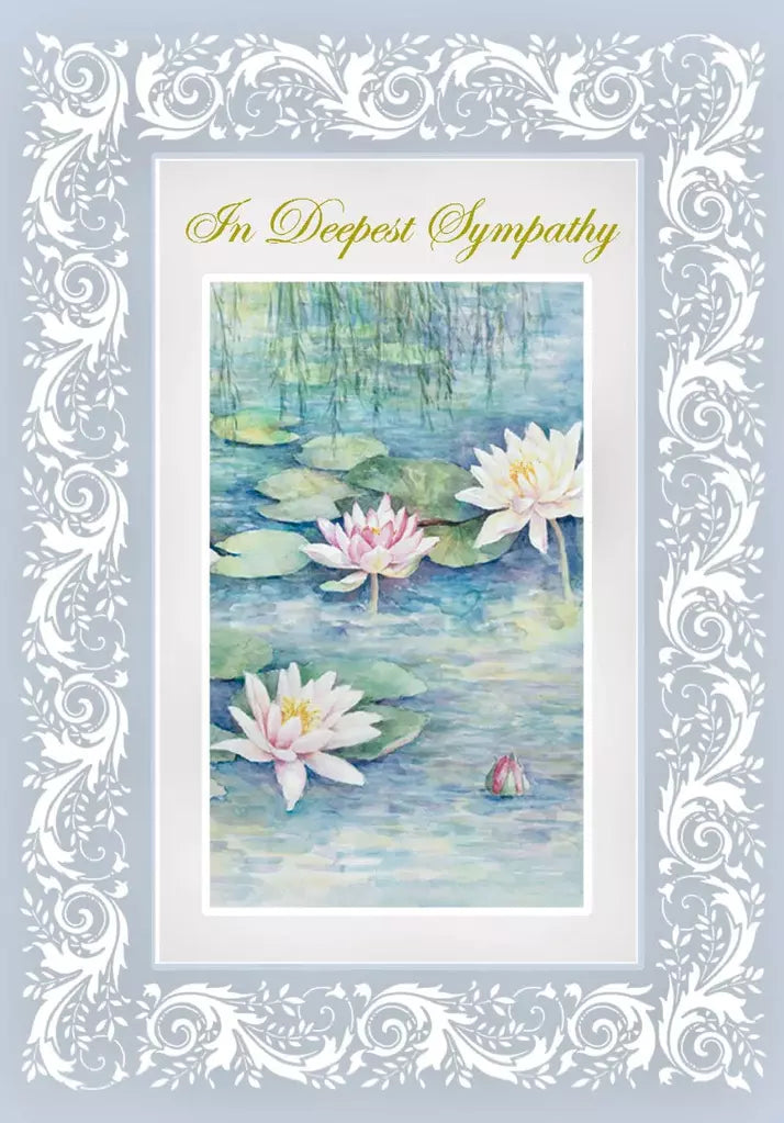 White water lillies with a blue border embossed die-cut sympathy greeting card by Carol Wilson. Inside: Thinking of you with love and wishing you peace and comfort. Retail $4.25.  255873 CRG1035