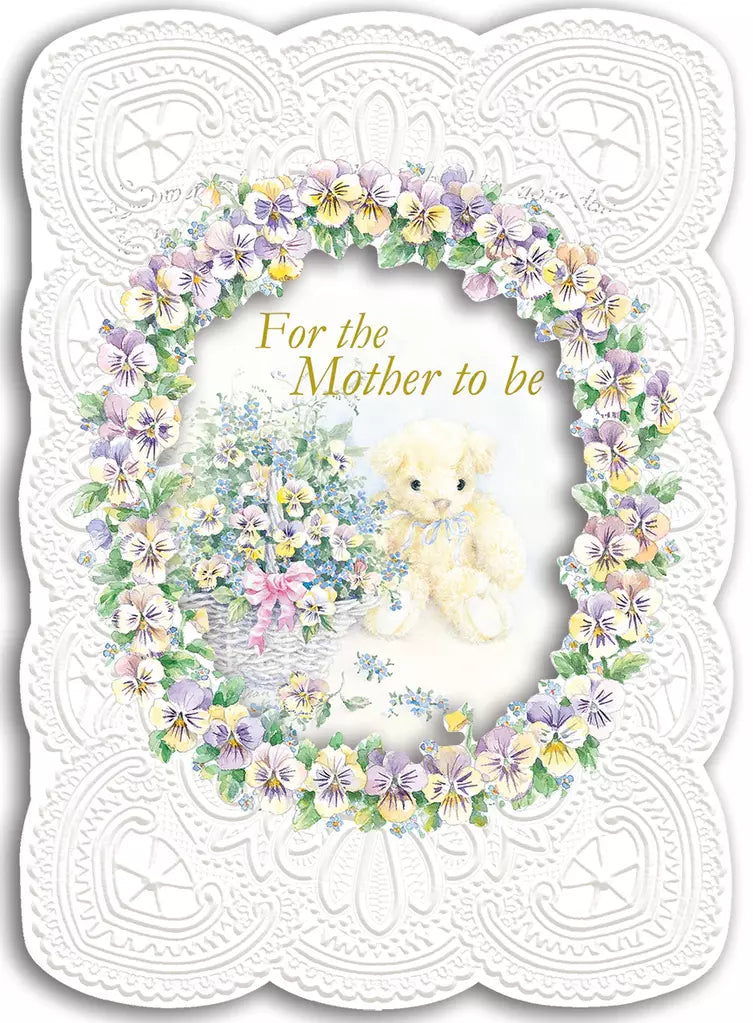 Teddy bear new mother-to-be embossed die cut greeting card by Carol Wilson. Inside: Showers of good wishes! Retail $4.25  255880 CRG198