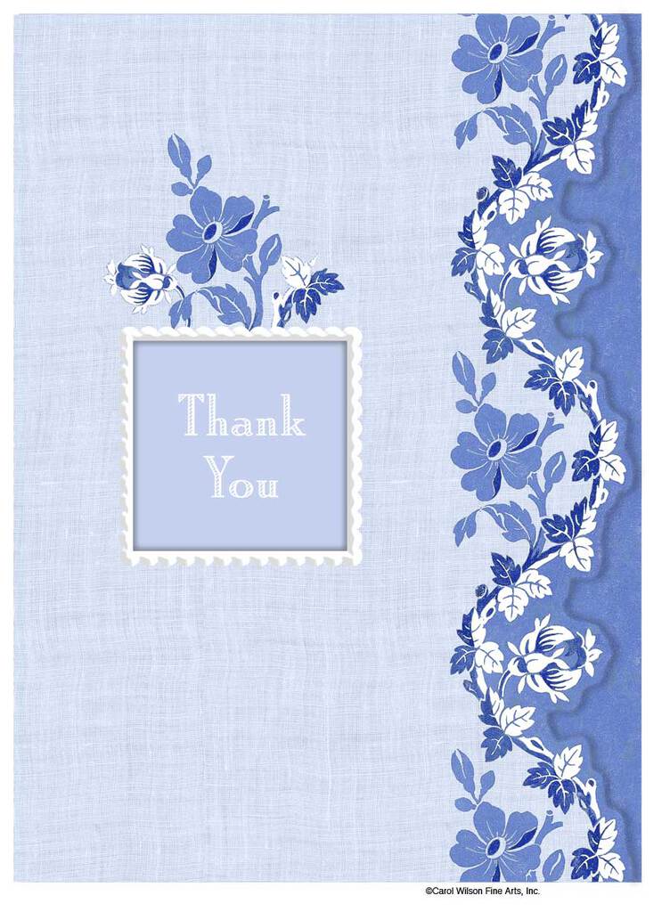 Pale blue background with dark blue flowers. Thank you greeting card by Carol Wilson. Inside: Thank you! Retail $3.50.  255885 CG1465