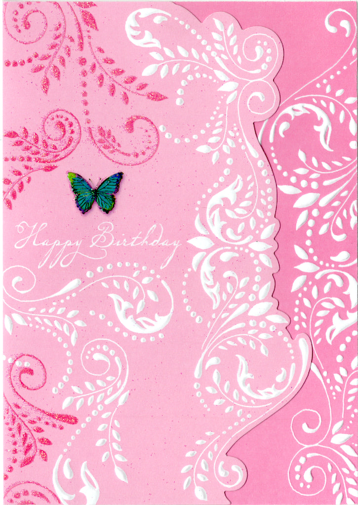 Pink background with delicate white swirls and Butterfly embossed die-cut female birthday greeting card by Carol Wilson. Inside: Wishing you a day that's delightful in every way. Retail $4.25 | CRG1457 | 255886