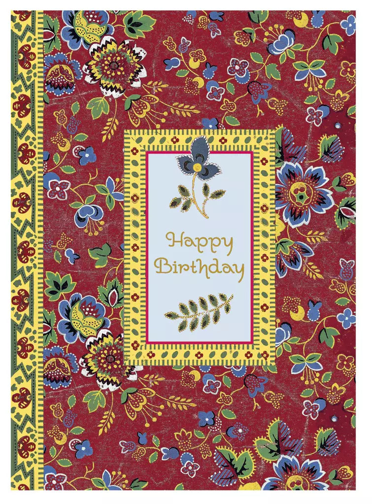 Red country themed floral pattern embossed die cut general birthday greeting card by Carol Wilson. Inside: Heartfelt wishes of happiness and good cheer. Retail $3.25.  255889 CG1395