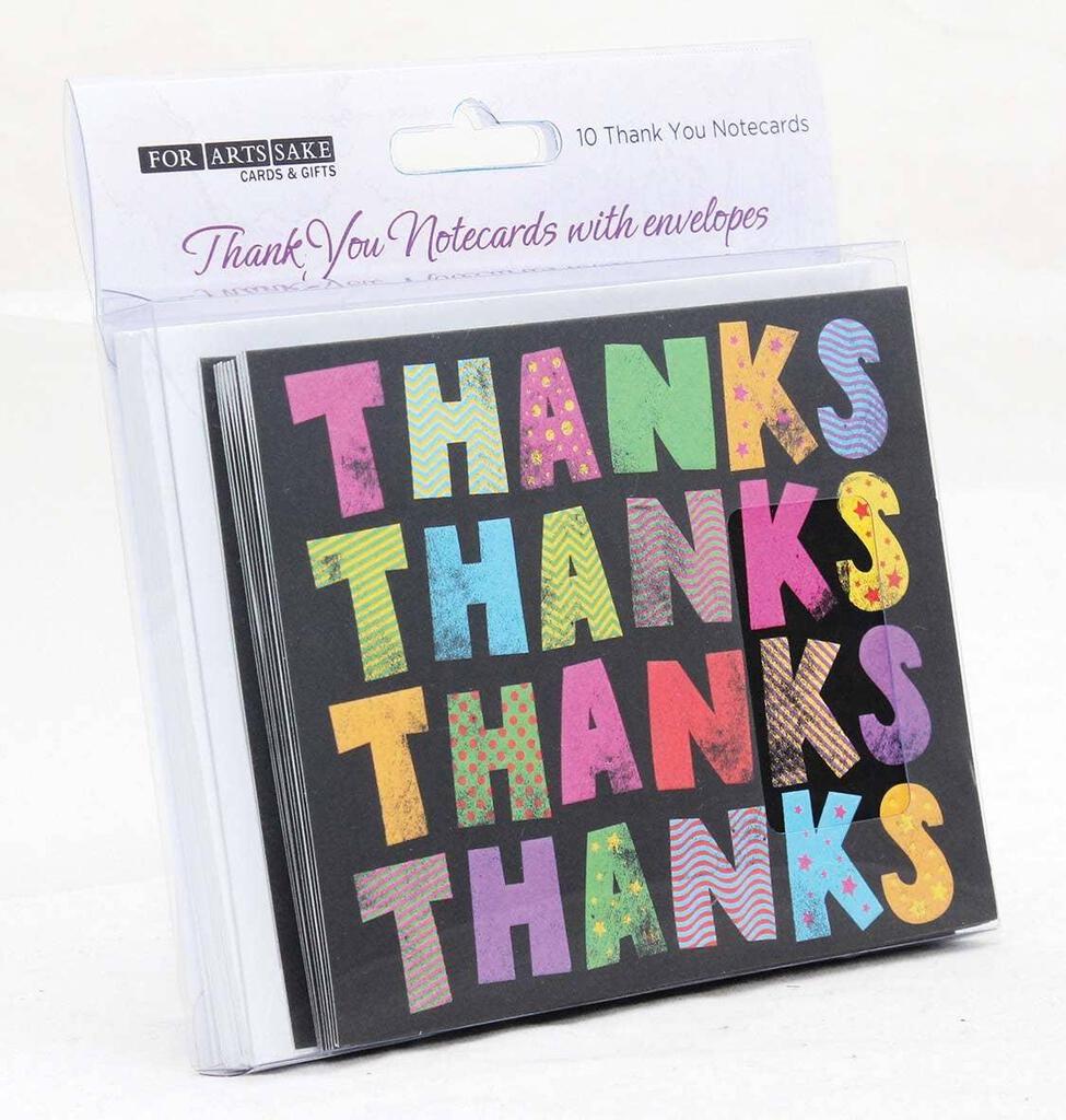 For Arts Sake Thanks Colorful Letters on Black Gift Thank You 4x5 Blank Cards Boxed Notecard Set With 10 Envelopes. BTY0003