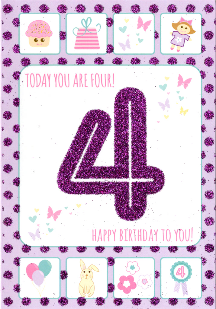 purple number- 4th age girl birthday card. Retail $2.99. Inside: A hip hip hooray for a special girl who is 4 today!... | 6139 | 255956