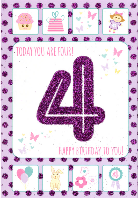 purple number- 4th age girl birthday card. Retail $2.99. Inside: A hip hip hooray for a special girl who is 4 today!... | 6139 | 255956