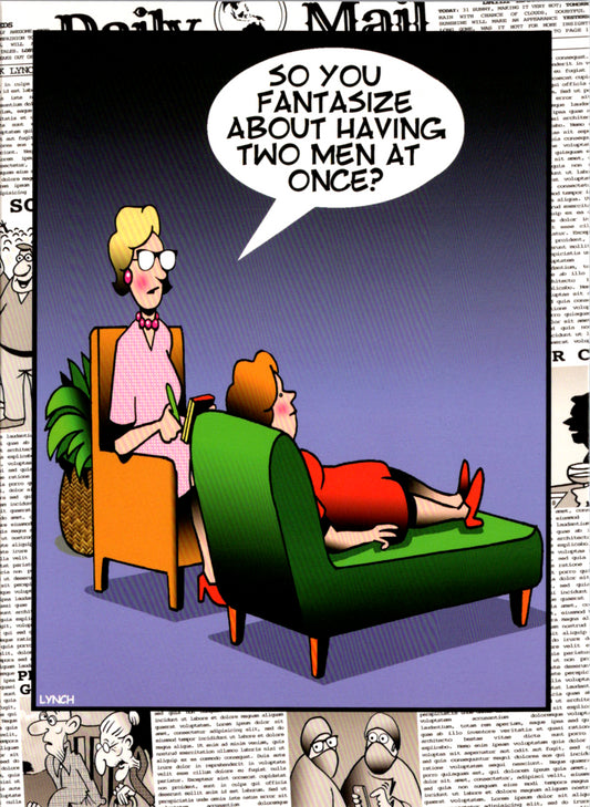 Therapist Humor Birthday by Mark Lynch- Retail $3.90 Inside: Yes one vacuuming and the other ironing. Happy Birthday! 5x7 Greeting Card | 6814 | 255966