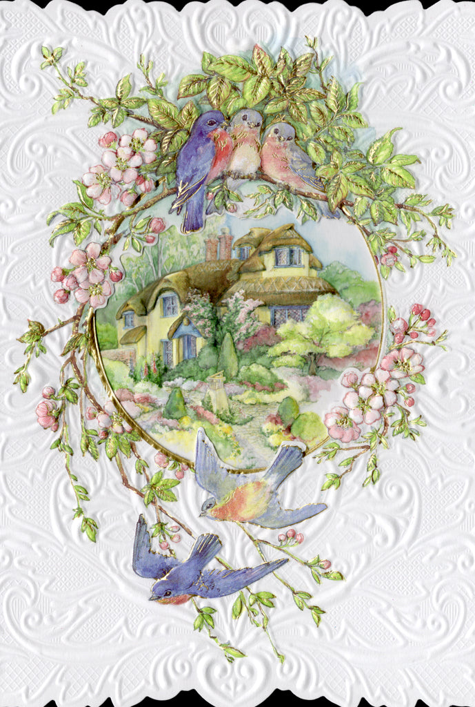 Blue birds and flowers embossed die-cut general birthday greeting card by Carol Wilson. Inside: May all the happiness you give shine back on you! Happy Birthday! Retail $4.25  | CRG1056 | 255968