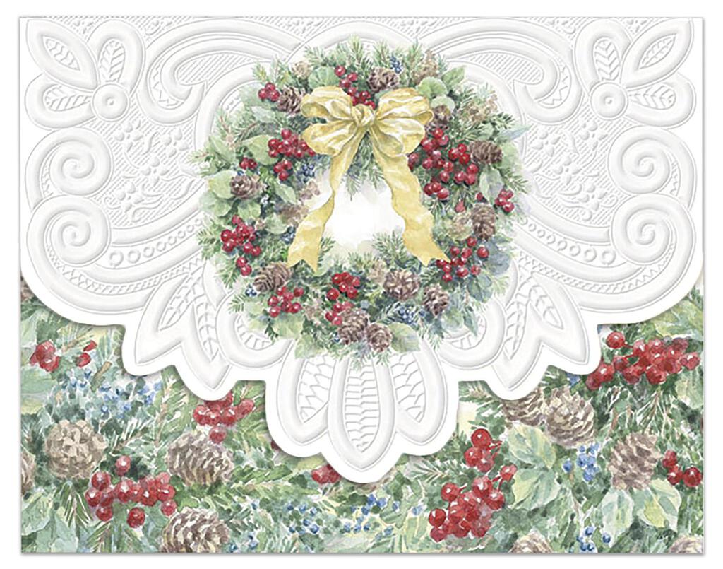 Christmas Holiday Gold Bow Wreath Portfolio Boxed Note Cards by Carol Wilson. 10 embossed 4x5 Die-Cut Notecards and Matching Envelopes in Decorative Gift Box with Magnetic Flap. NCPX2139