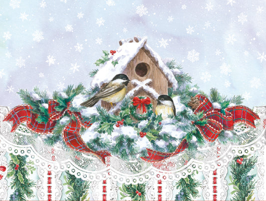 Snowy Birdhouse Seasonal Portfolio Boxed Note Cards by Carol Wilson. 10 embossed 4x5 Die-Cut Notecards and Matching Envelopes in Decorative Gift Box with Magnetic Flap. NCPX2423