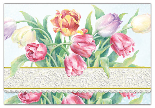 Tulips Portfolio Boxed Note Cards by Carol Wilson. 10 embossed 4x5 Die-Cut Notecards and Matching Envelopes in Decorative Gift Box with Magnetic Flap. NCP2506