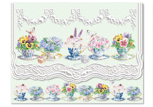 Pansy Teacups Portfolio Boxed Note Cards by Carol Wilson. 10 embossed 4x5 Die-Cut Notecards and Matching Envelopes in Decorative Gift Box with Magnetic Flap. NCP2105