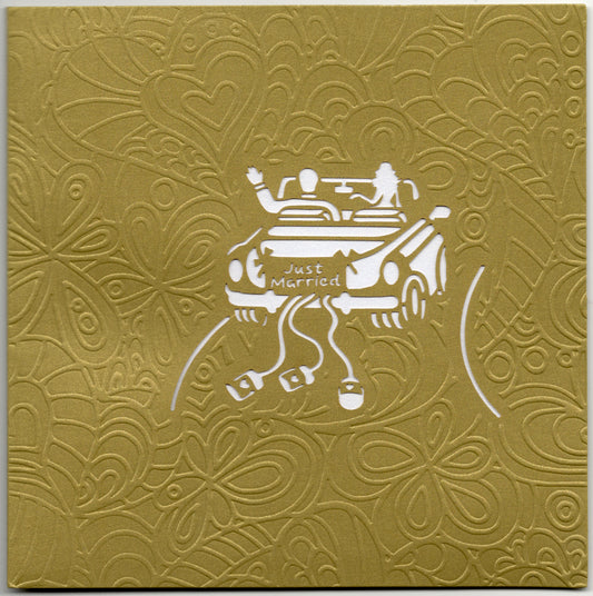 Classic wedding car with bride and groom embossed pop-up wedding engagement greeting card by Carol Wilson. Inside: Blank. Retail $6.99 | CRG0134 | 256061
