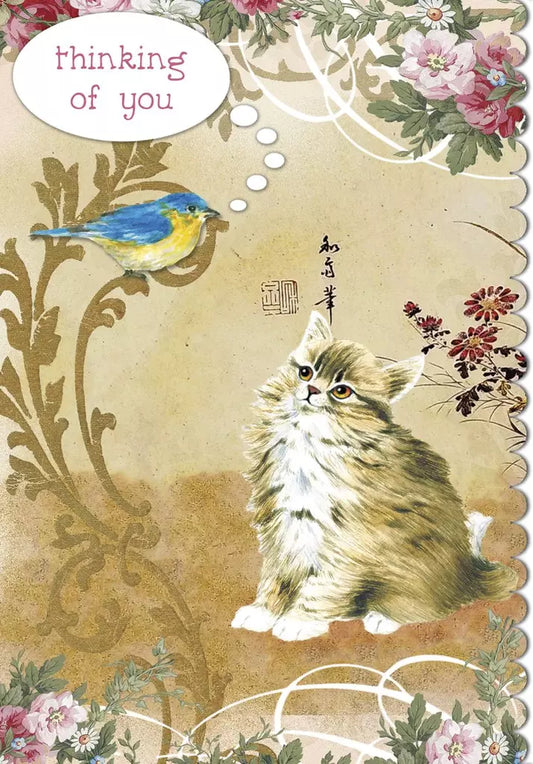 Cat and bird themed thinking of you card. embossed and die-cut by Carol Wilson. Inside: Just a little note to let you know I am thinking of you. Retail $4.99  256066 CRGN4023