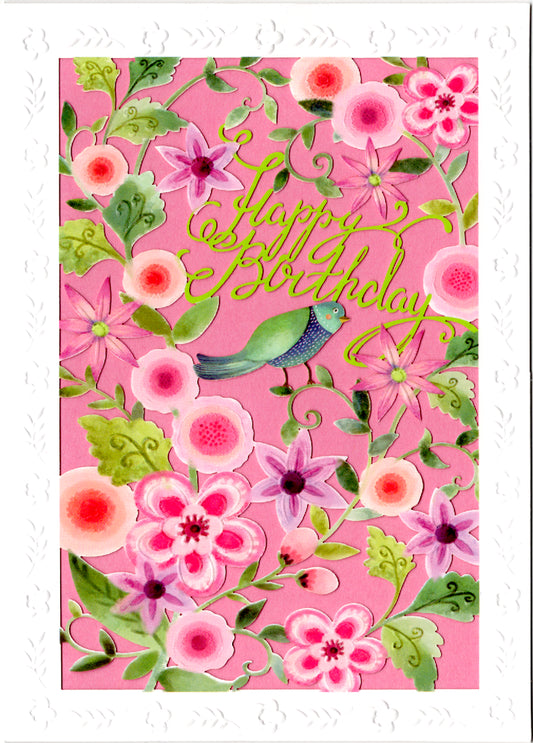 Bright floral themed laser cut embossed card. Laser cut-out of Happy Birthday on front.  Blank inside. embossed die-cut envelope.  Retail $4.99 | CRG0164 | 256074