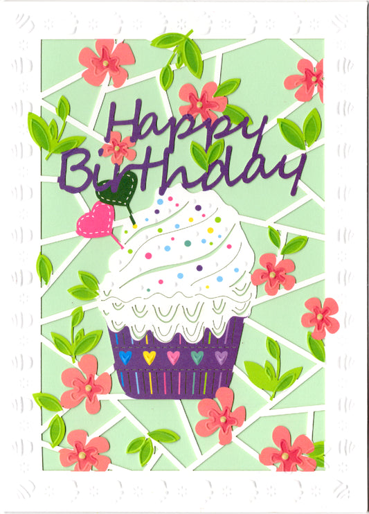 Happy Birthday cupcake themed laser cut embossed card. Blank inside. embossed die-cut envelope.  Retail $4.99 | CRG0303 | 256102