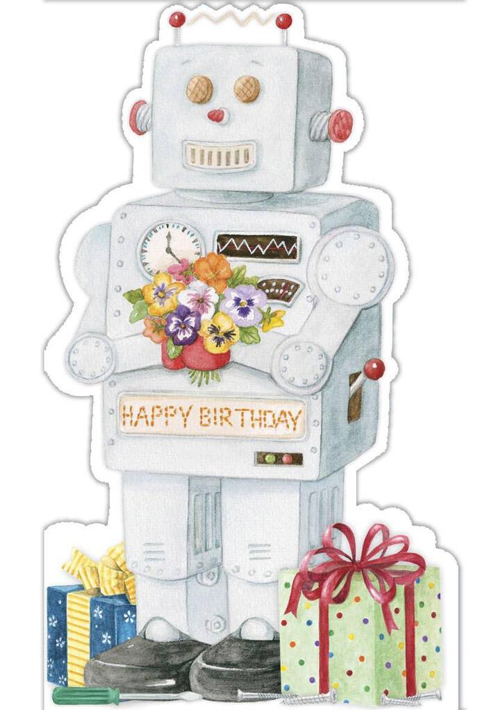 Robot themed embossed die cut male or kid birthday greeting card by Carol Wilson. Inside: Affirmative! I wish you an electrifying birthday! Retail $4.25.  256118 CRG1514