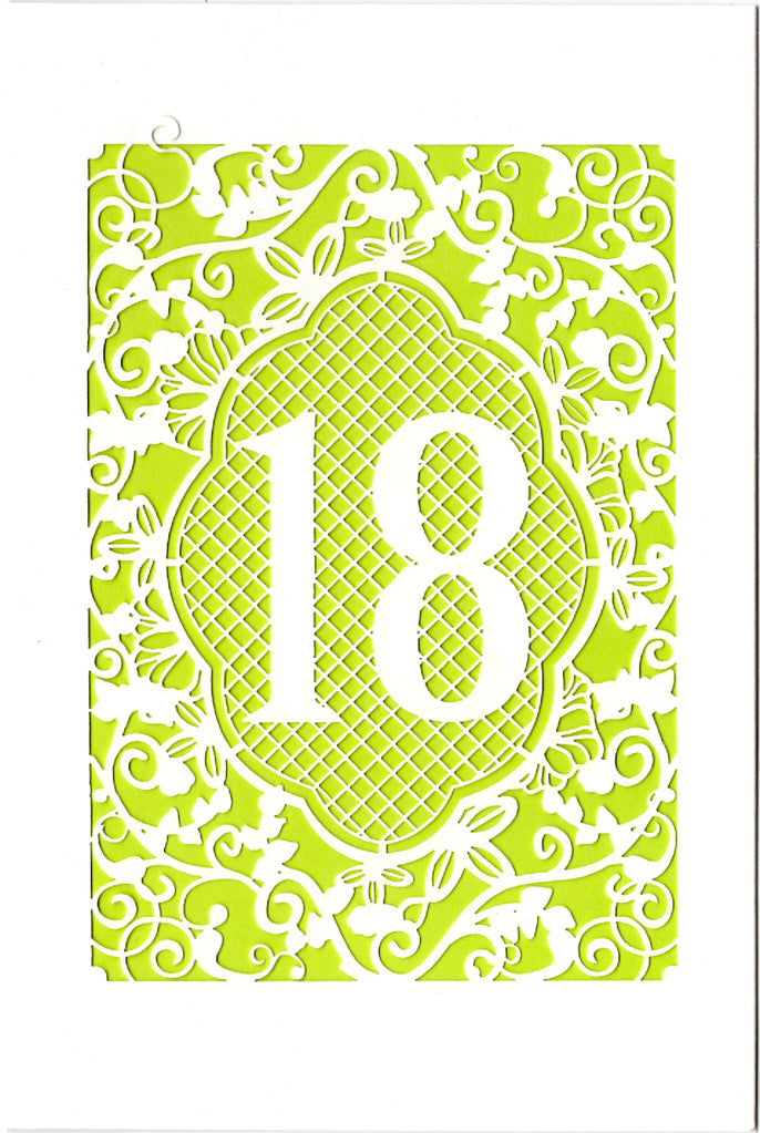 Green lace themed 18th Age Birthday card Retail $3.99. Inside: Wishing you a happy joyful and exciting 18th birthday | 7413 | 256135