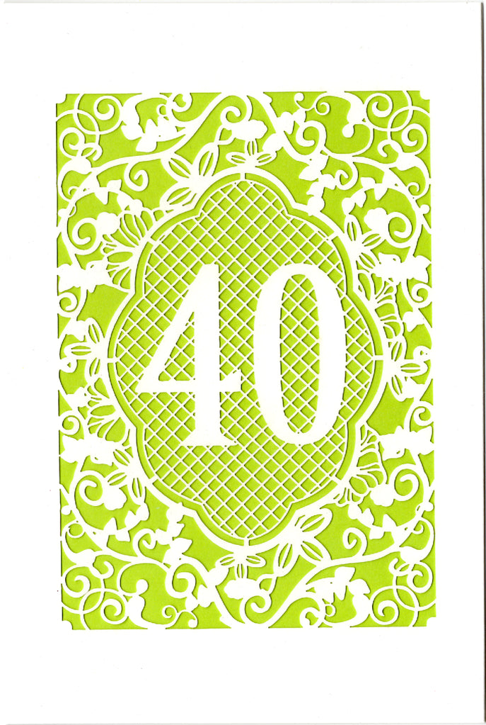 Green lace themed 40th Age Birthday card Retail $3.99. Inside: May your day be full of happy memories. Happy 40th Birthday. | 7416 | 256137