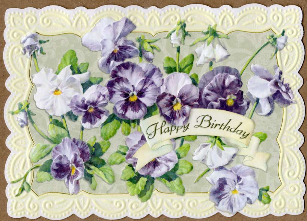 Purple and white pansies floral embossed die cut greeting card by Carol Wilson. Inside: May every birthday wish come true. This is what I wish for you! Happy Birthday! Retail $4.25.  | CRG1506 | 256185