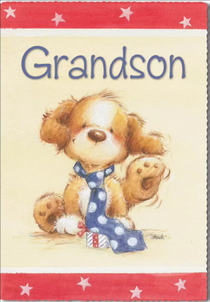 Waving puppy- Grandson family birthday card. Retail $2.99. Inside: Your birthday is a special once-a-year day so enjoy it! 256250 04294A