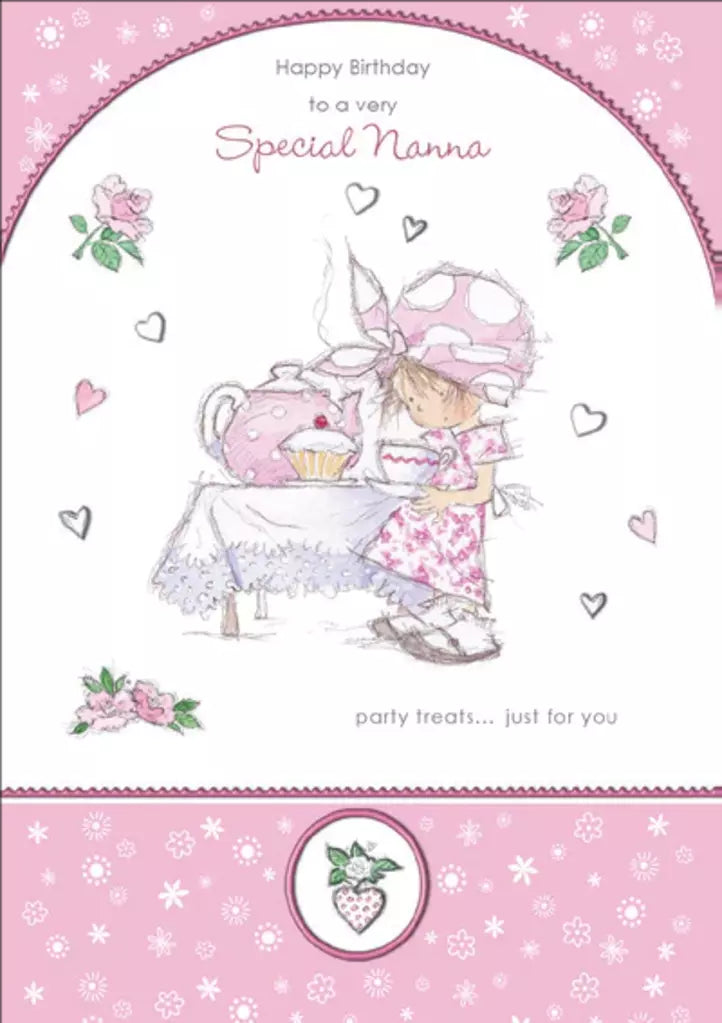 Girl with teacup- Nanna family birthday card. Retail $2.99. Inside: Lots of love Nanna just for you on your special day. 256391 03977A