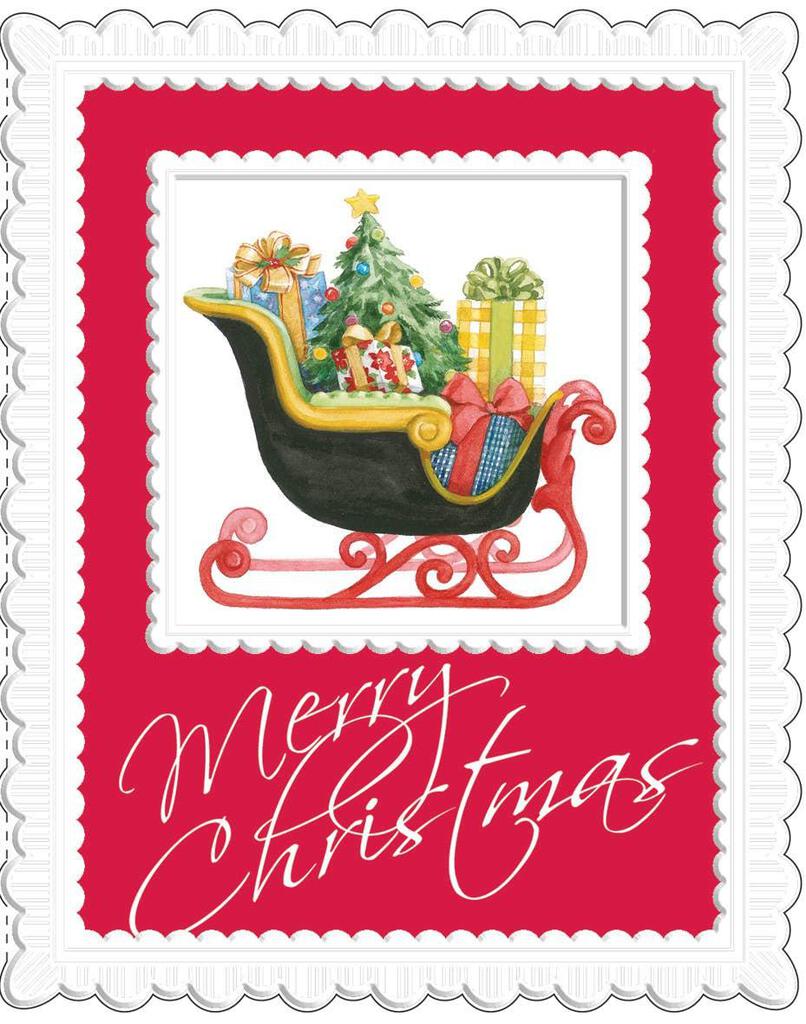 CHRISTMAS SLED ON RED embossed die cut Christmas greeting card. Retail $4.25 Inside: May all your Christmas wishes come true. 256475 CRGX0157