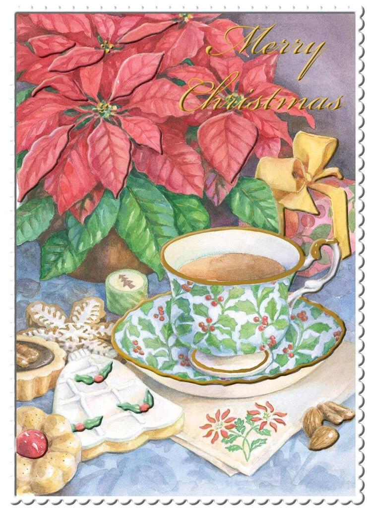 CUP OF TEA WITH POINTSETTIA embossed die cut Christmas greeting card. Retail $4.25 Inside: May all of your Christmas wishes come true. 256476 CRGX0193