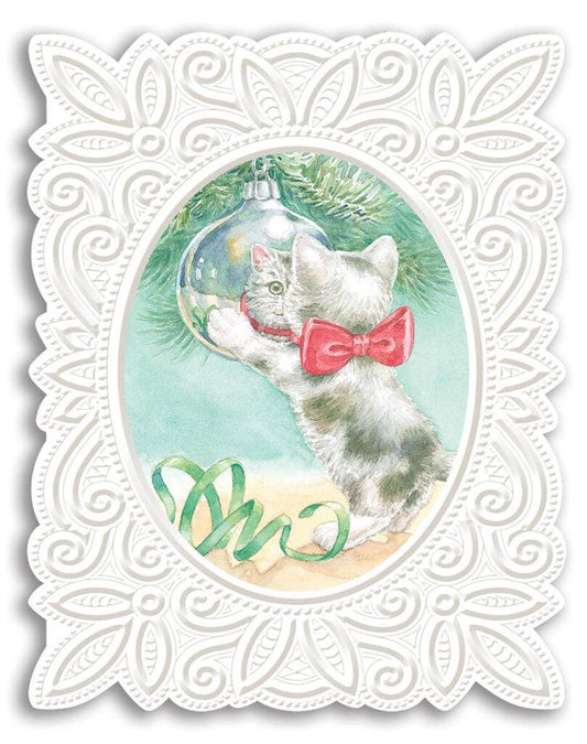 KITTEN PLAYING WITH BAUBLE embossed die cut Christmas greeting card. Retail $4.25 Inside: Wishing you all the special joys of the season! 256504 CRGX0168