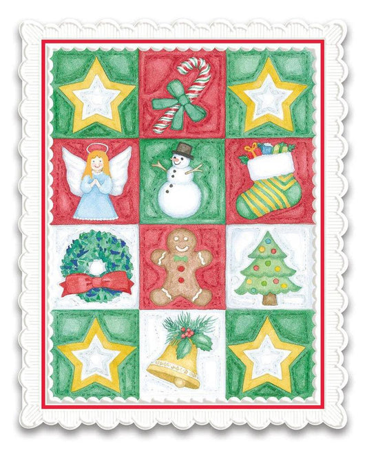 CHRISTMAS ICON SQUARES embossed die cut Christmas greeting card. Retail $4.25 Inside: Warm wishes for a wonderful festive season. 256505 CRGX0169