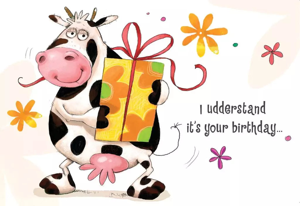 Cow with yellow present- Kid Birthday card. Retail $2.59. Inside: What wonderful moos! Happy birthday. 256511 04316A