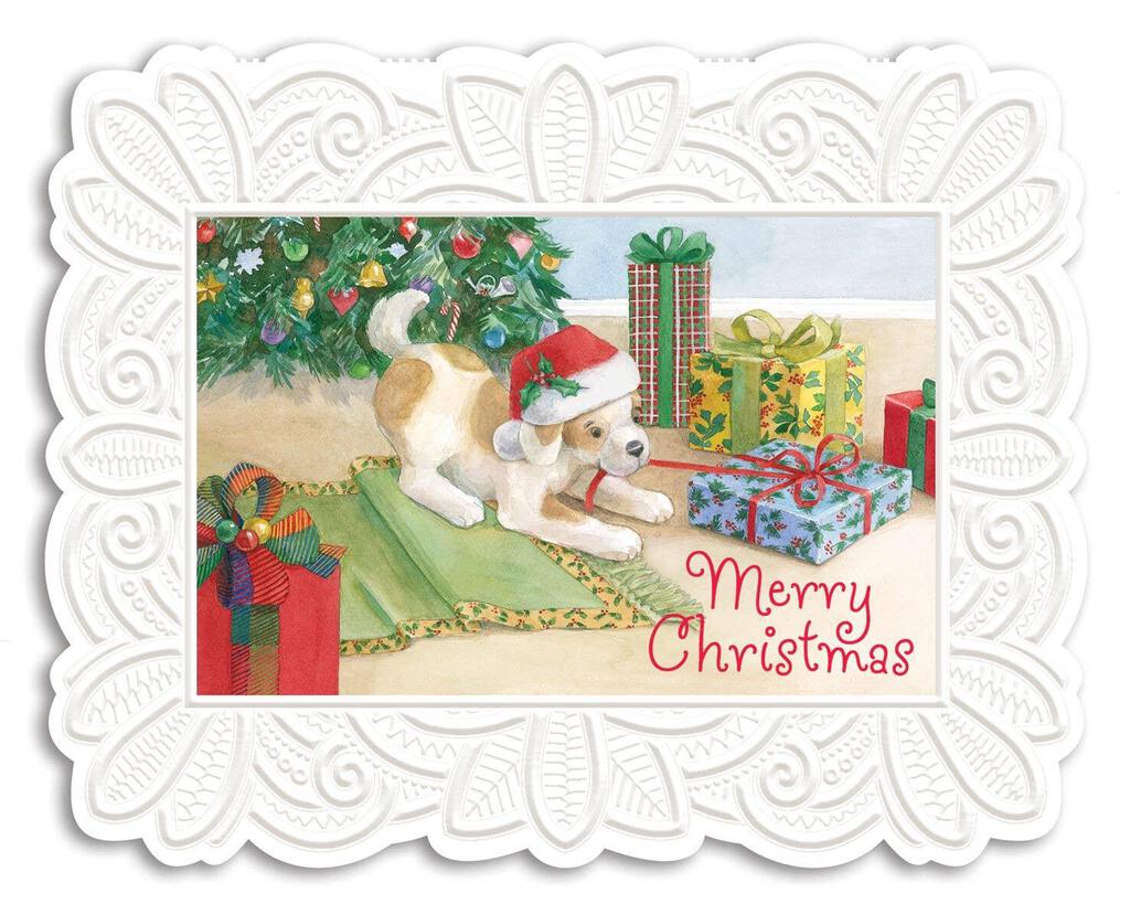 PUPPY UNWRAPPING GIFTS embossed die cut Christmas greeting card. Retail $4.25 Inside: Hope your Christmas is filled with fun and happiness 256534 CRGX0170