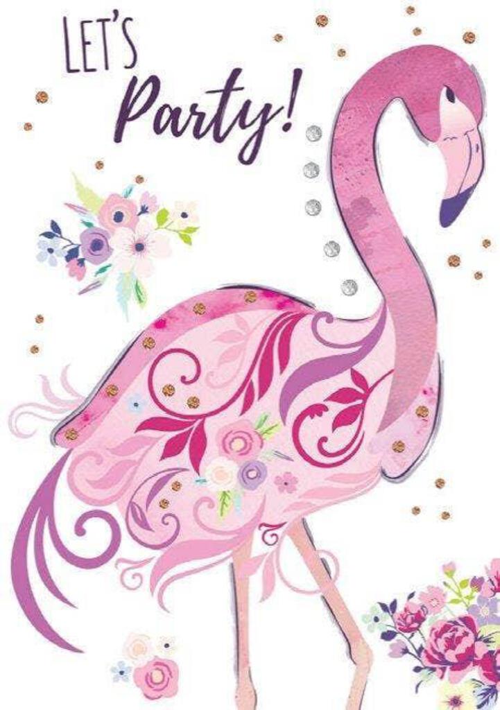 Pink Flamingo themed birthday card from the Blush Collection by Carol Wilson Fine arts. Inside: ...Wishing you great happiness!! Retail $4.49 256538 8336