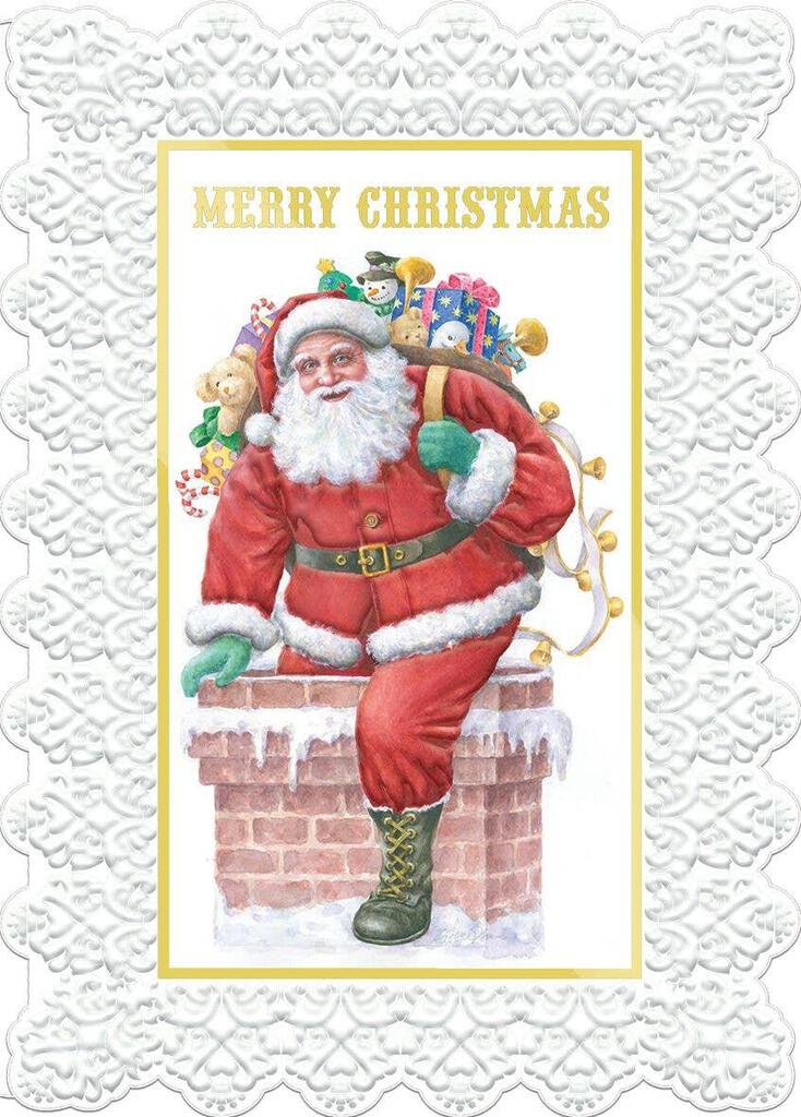 SANTA GOING DOWN THE CHIMNEY embossed die cut Christmas greeting card. Retail $4.25 Inside: Warm wishes for a Happy New Year! 256540 CRGX0375