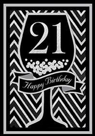 Black and silver wine glass- 21st age general birthday card. Retail $4.49. . Inside: Have a drink, have some fun. Celebrate today as you are 21! 6860