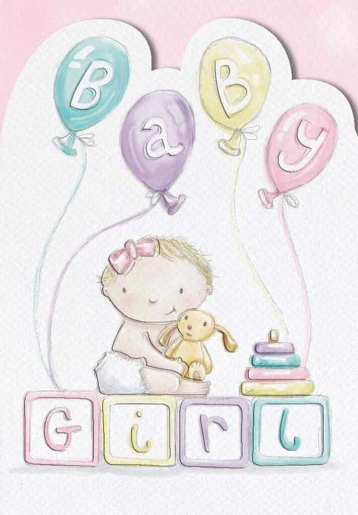 Blocks and balloons new baby girl greeting card. Retail: $2.99.  Inside: New dreams to dream and new joys for all! 5028