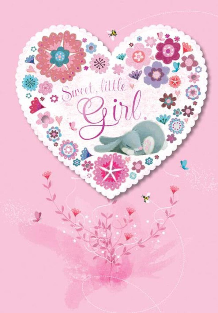 Pink heart new baby girl greeting card. Retail: $4.49. . Inside: Congratulations on the arrival of this sweet little bundle 5025